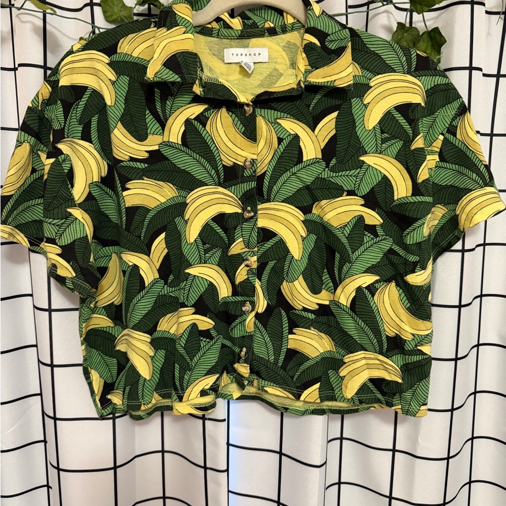 Topshop Leaf Banana Print Crop Polo  Shirt in Green and Yellow
